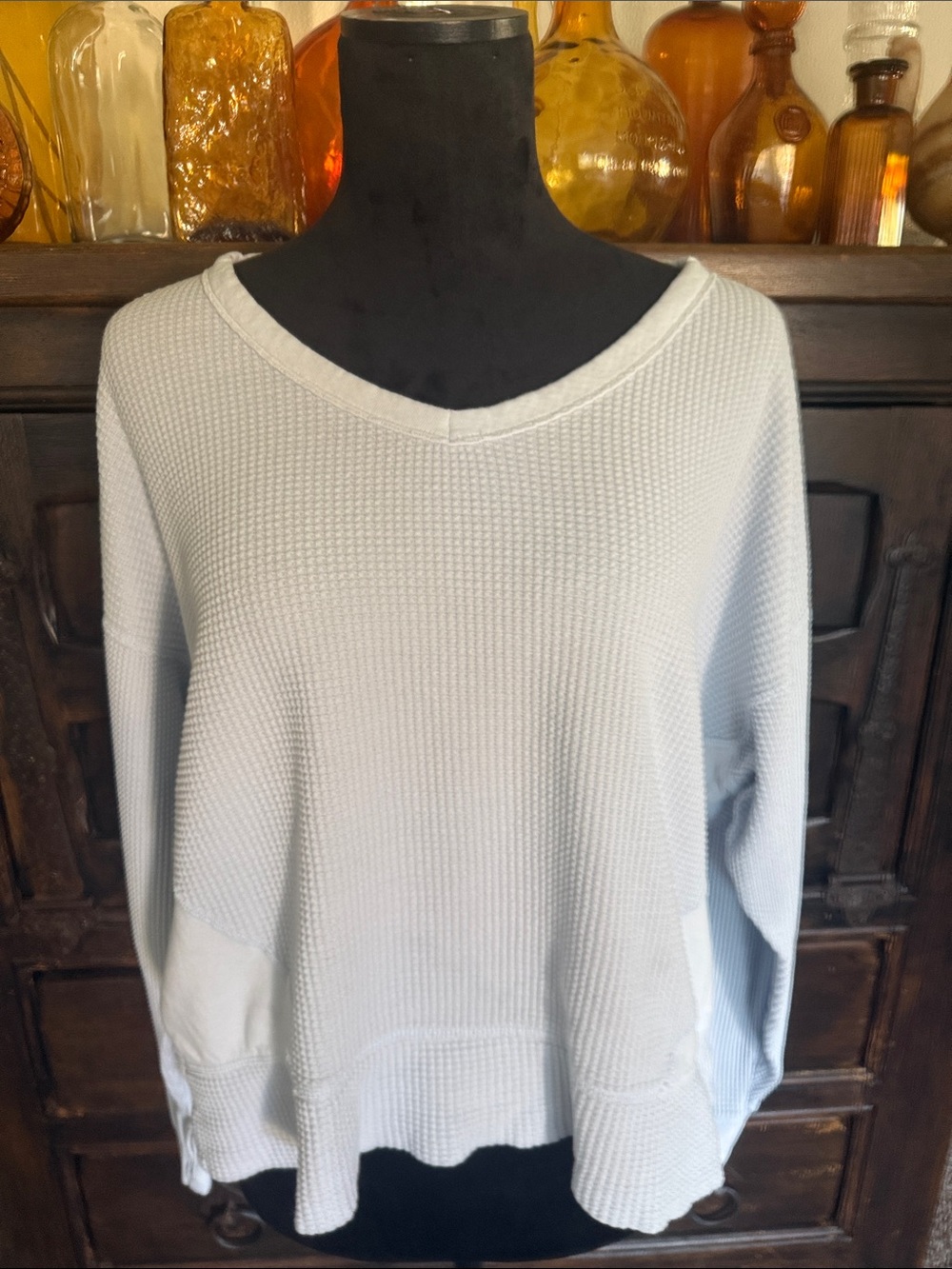 aerie Light Gray Waffle-Knit Scoop Neck Sweater